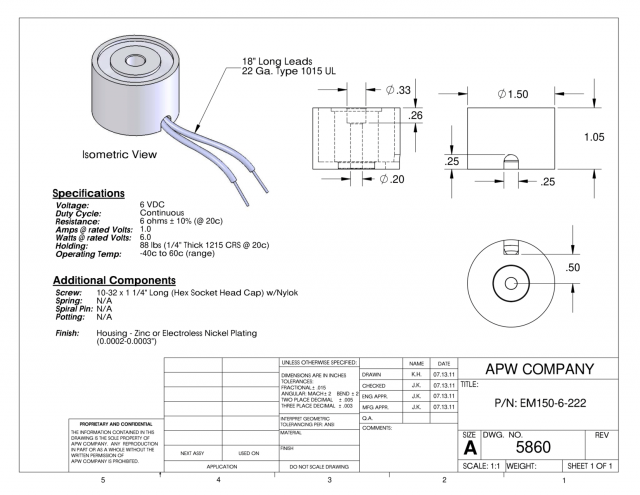 EM150-6-222 - Round Electromagnet 1.5 inch Dia. 6 volts DC - Holding 88 lbs. image 1