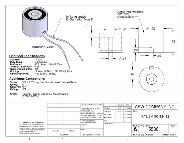 EM100-12-122 - Round Electromagnet 1 inch Dia. 12 volts DC - Holding 19 lbs. image 1