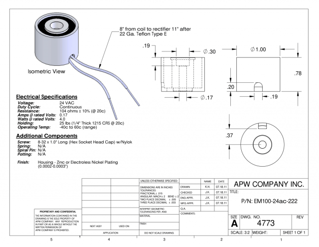EM100-24ac-222 - Round Electromagnet 1 inch Dia. 24 volts AC - Holding 25 lbs. image 1