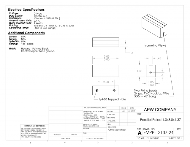 EMPP-13137-24 Parallel Pole Electromagnet 1.0 W x 3.0 L x 1.27 H - 24 vdc Holding 155 lbs image 1
