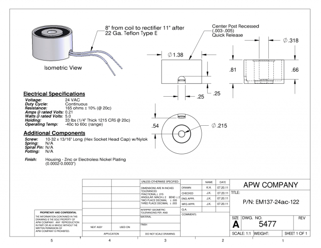 EM137-24ac-122 - Round Electromagnet 1.375 inch Dia. 24 volts AC - Holding 33 lbs. image 1