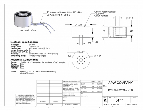 EM137-24ac-122 - Round Electromagnet 1.375 inch Dia. 24 volts AC - Holding 33 lbs. image 1