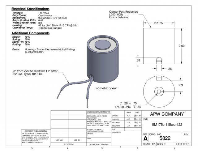 EM175L-115ac-122 - Round Electromagnet 1.75 inch Dia. 115 volts AC - Holding 83 lbs. image 1